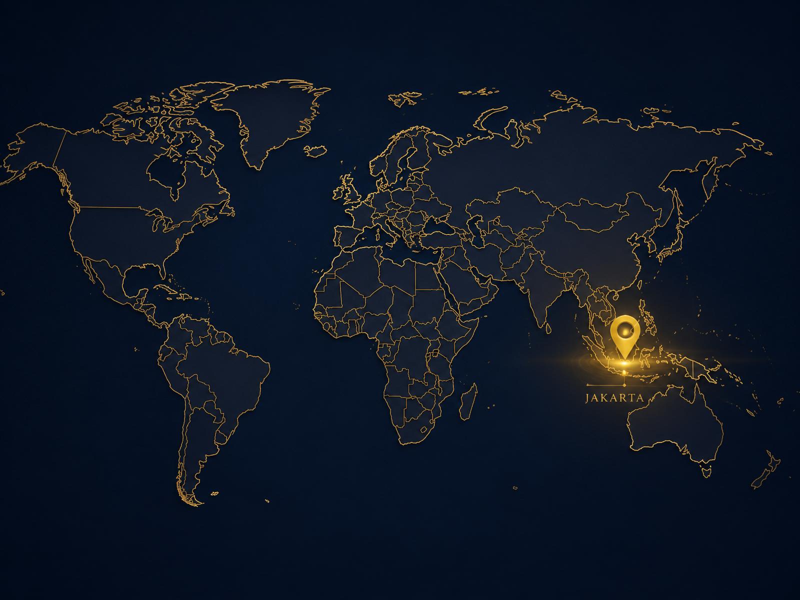 World map with a marker highlighting the Jakarta, Indonesia headquarters